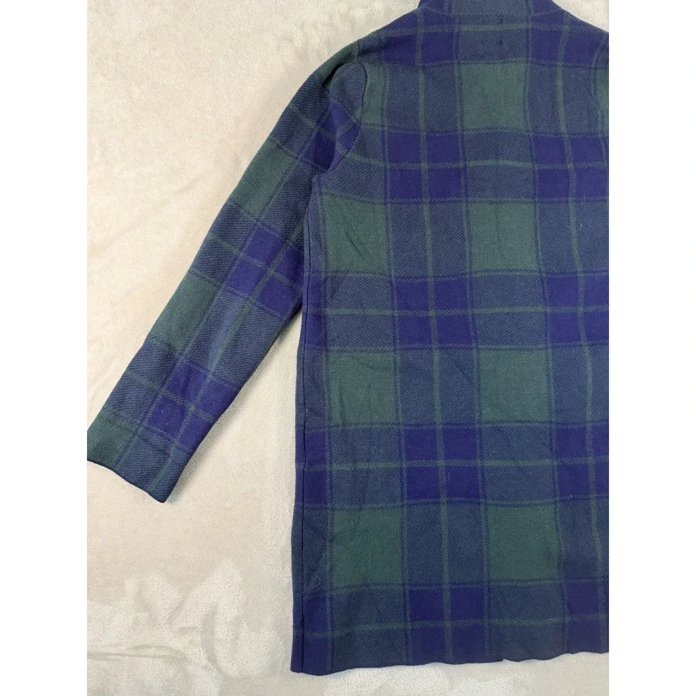 Anne Klein Plaid Sweater Jacket Womens Medium Blue Green Tartan Zip Up Mock Neck